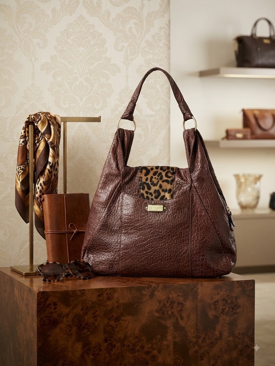 Sharif Handbags - Sharif Brown Leather Hobo Bag with Leopard Accent